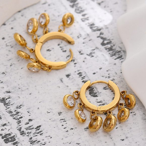 ^NEW 18K Gold Plated Round Diamond Drop Huggie Hoop Earrings - Picture 5 of 9